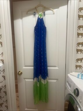 Lilly Pulitzer Blue and Green Halter Maxi Dress with Chain Straps - size xs